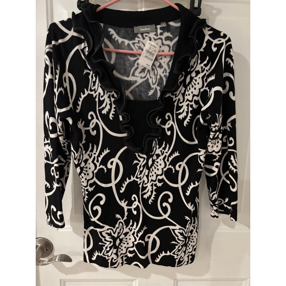 Neiman Marcus Ruffle Neck Floral Print 3/4‎ Sleeve Lightweight Sweater  Medium